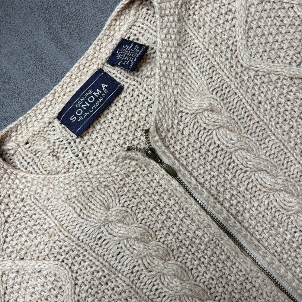 Vtg Sonoma Jean Company Sweater Cardigan Womens M Tan Cable Knit Full Zip Silk